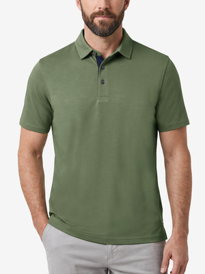 Front upper body shot of model wearing green grey ultra-comfort slim fit roma knit polo shirts

