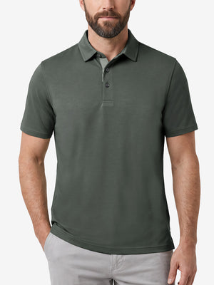 Front upper body shot of model wearing grey  ultra-comfort slim fit roma knit polo shirts
