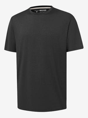 3d view of garment in black heather of moisture wicking heather round neck athletic t-shirts.