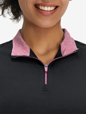 Front view from nose to chest of model wearing black women's athletic quarter zip tank tops