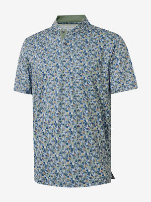 3D view of blue abstract stretch printed collarless henley golf shirts.