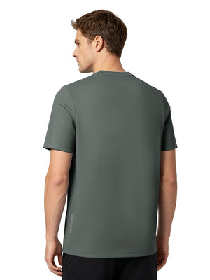 Back upper body view in grey of men's short sleeve slim fit roma knit t-shirt.