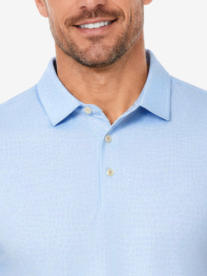 Front view from nose to chest in light blue of nylon blend casual jacquard polo shirts.
