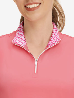 Front view from nose to chest of model wearing pink women's athletic quarter zip tank tops
