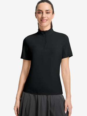 Front upper body shot of model wearing black women's breathable 1/4 zip pullover golf shirts