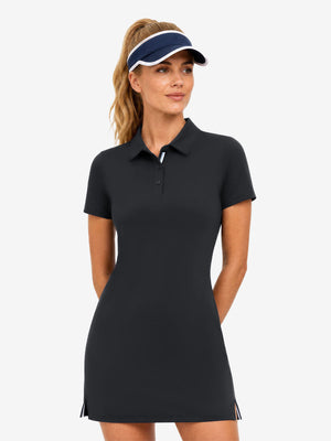 Front upper body view in black of women's lightweight golf dress with 2 pockets.