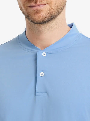 Front view from nose to chest wearing Everyday Collarless Jersey Shirt in LIGHT BLUE.