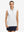 Front upper body view in white of women's 4 buttons golf polo shirts.
