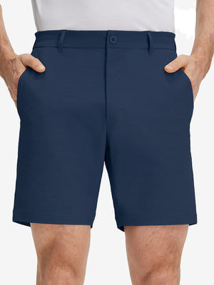 Front lower body shot of model wearing dark blue flat front flex cotton blend golf shorts