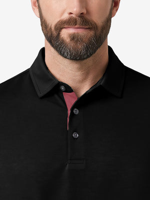 Front view from nose to chest of model wearing black  ultra-comfort slim fit roma knit polo shirts
