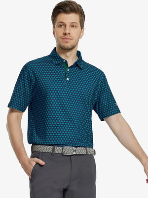 MAELREG Men's Performance Jersey Print Polo in Four Leaf Clover – front half-body with golf pose