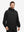 Front upper body shot of model wearing black waterproof lightweight rain jacket with hood