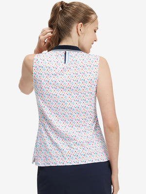 Back upper body shot of model wearing colorful hearts women's sleeveless v-neck print golf shirts