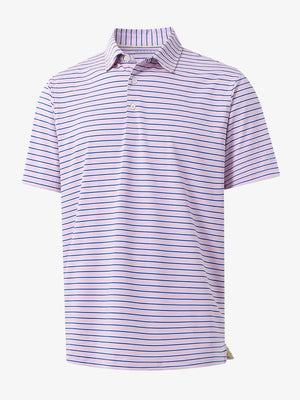 3D product view of LIGHT PINK/COBALT STRIPE Youth Performance Golf Polo showing design and fit.