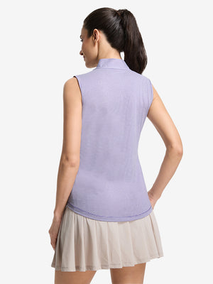 Back upper body shot of model wearing light purple white women's q-zip pin striped texture golf shirts
