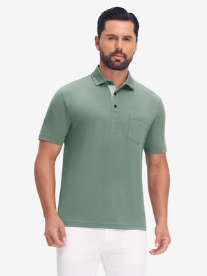 Front upper body view in celadon green heather of performance heather contrast collar polo shirts.