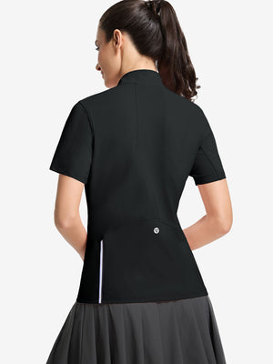 Back upper body shot of model wearing black women's breathable 1/4 zip pullover golf shirts