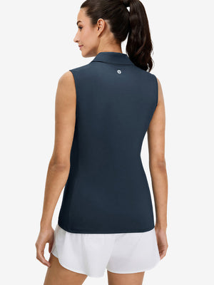 Back upper body view in navy of women's 4 buttons golf polo shirts.