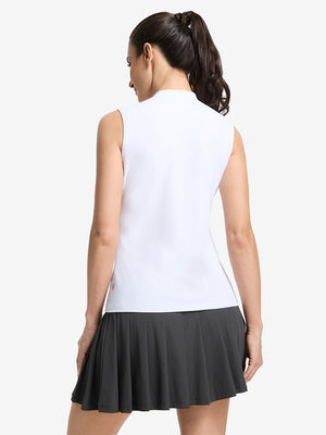 Back upper body shot of model wearing white women's moisture-wicking mock neck sleeveless golf tops