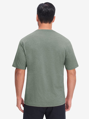 Back upper body view in celadon green heather of moisture wicking heather round neck athletic t-shirts.
