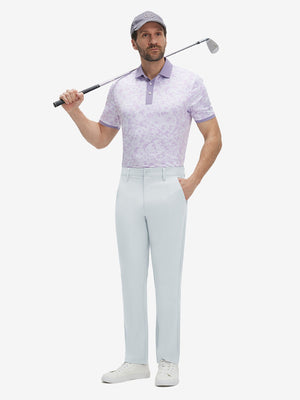 Front full body shot of model wearing newport blue straight fit lightweight dress golf pants