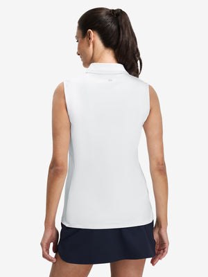 Back upper body view in white of women's 4 buttons golf polo shirts.