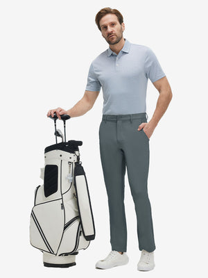 Front full body shot of model wearing iron grey straight fit lightweight dress golf pants