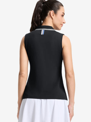 Back upper body shot of model wearing black women's collared v neck quick dry tank tops