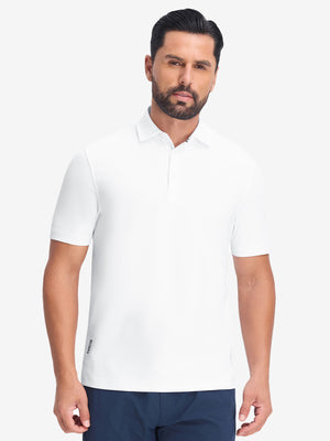Front upper body shot of model wearing white dry fit waffle textured collared golf shirts