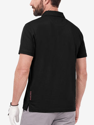 Back upper body shot of model wearing black  ultra-comfort slim fit roma knit polo shirts
