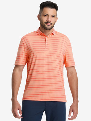 Front upper body shot of model wearing peach amber/calypso coral non-curl ribbed collar striped polo shirts