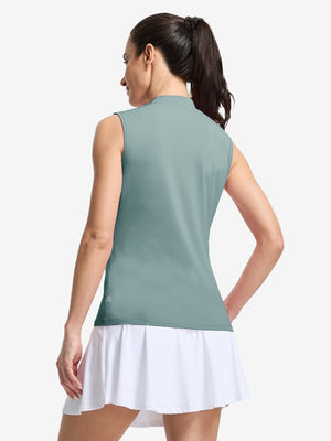 Back upper body shot of model wearing dusty blue women's moisture-wicking mock neck sleeveless golf tops