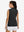 Back upper body view in black of women's 4 buttons golf polo shirts.