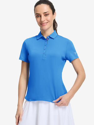 Front upper body shot of model wearing sky blue women's 5 buttons collared polo shirts
