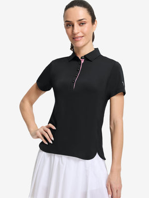 Front upper body shot of model wearing black women's 5 buttons collared polo shirts