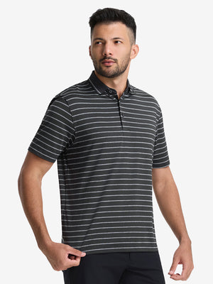 Front upper body shot of model wearing stretch limo/ltgrey heather non-curl ribbed collar striped polo shirts