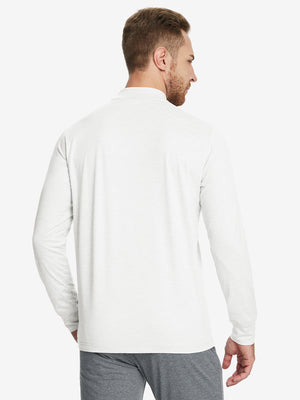 Back angle of Men’s Mock Turtleneck Shirt in White, model turns head slightly with ease.