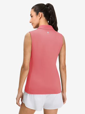 Back upper body view in pink of women's 4 buttons golf polo shirts.