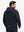 Back upper body shot of model wearing navy waterproof lightweight rain jacket with hood