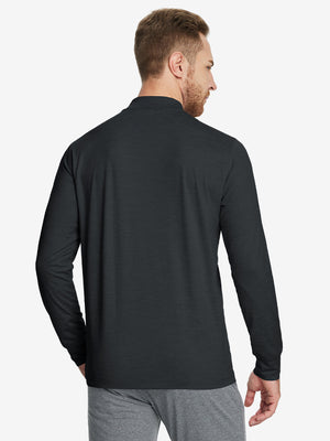 Back angle of Men’s Mock Turtleneck Shirt in Black, model turns head slightly with ease.