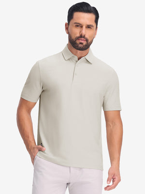 Front upper body shot of model wearing oyster gray dry fit waffle textured collared golf shirts