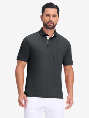 Front upper body view in black heather of performance heather contrast collar polo shirts.