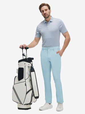 Front full body shot of model wearing light blue straight fit lightweight dress golf pants