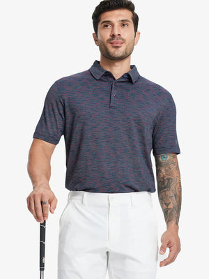 Half-body front view of model holding golf club wearing SPACE DYE STRIPE Performance Yarn Dye Striped Polo