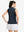 Back upper body shot of model wearing navy blue women's moisture-wicking mock neck sleeveless golf tops