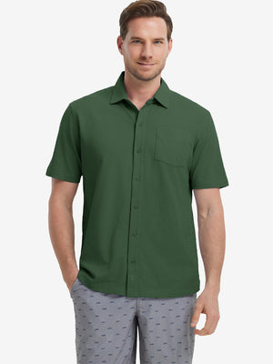 Model half-body front view wearing dark green cotton blend plain shirt.