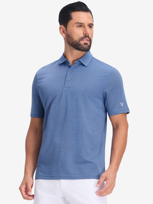 Front half body shot of model wearing light blue navy comfy breathable pin-stripe texture golf polos