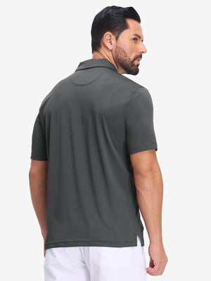 Back half body shot of model wearing light and dark grey comfy breathable pin-stripe texture golf polos