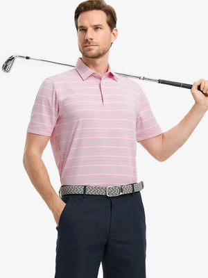 Model in LIGHT PINK STRIPE Golf Polo holding club — dynamic front half-body pose