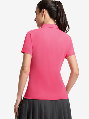 Back upper body shot of model wearing rose women's 5 buttons collared polo shirts